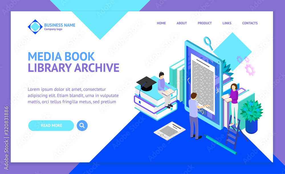 Poster media book library concept landing web page 3d isometric view. vector