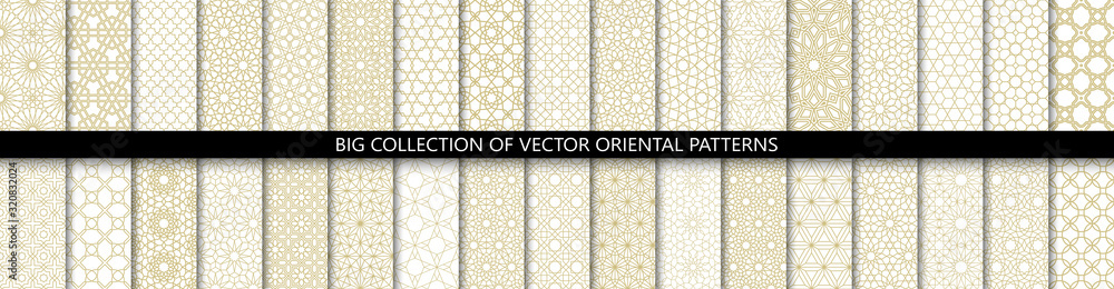 Leinwandbilder Big set of 34 different vector ornamental seamless patterns. Collection of geometric patterns in the oriental style. Patterns added to the swatch panel.