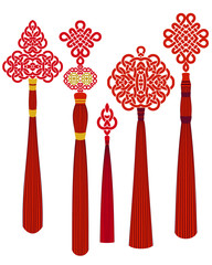 Chinese traditional knots - flower, pan chang, happy, double coin. Classic template, objects isolated. Vector set of 5.