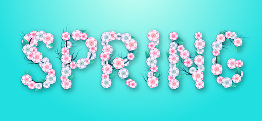 Spring  typography poster with full blossom flowers. Spring background