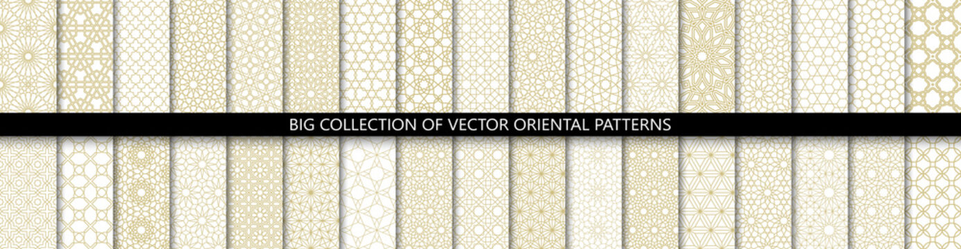 Big set of 34 different vector ornamental seamless patterns. Collection of geometric patterns in the oriental style. Patterns added to the swatch panel.