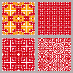 Seamless chinese geometric pattern with red knots. Asian ethnic ornament. Vector set of 4. Use for wallpaper, pattern fills,textile design.