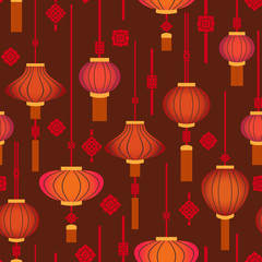 Seamless chinese pattern with lanterns. Asian ethnic ornament. Vector print. Use for wallpaper, pattern fills,textile design.