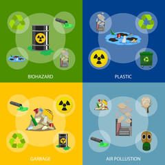 Pollution Concept Banner Set 3d Isometric View. Vector