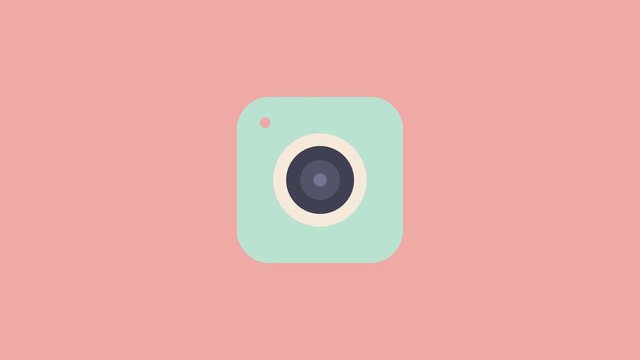 Sign design. 3d video animation for apps, modern interface. Icon animation of moving photo camera with a retractable lens on pink background. Rotating and turning blue camera.