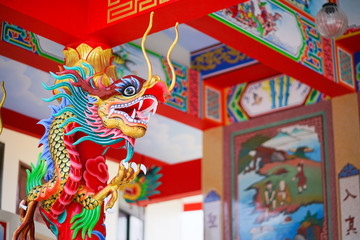 Chinese dragon, A beautiful detailed of a colorful Chinese dragon, architechure at a Chinese temple, tourist attraction site.