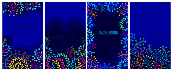 Abstract background banner vector plants for decorative design with night theme. Design templates with copy space for text. Vertical banners.  Flat colorful vector illustration.
