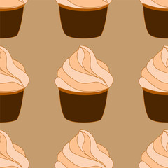 Seamless pattern with cupcakes. Vector hand drawn Illustration. Dessert isolated on light beige background. Can be used as packaging, wrapping paper, wallpaper.