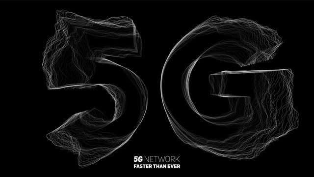 Vector abstract 5G new wireless internet connection background. Global network high speed network. Ultra thin lines fluid noise trail geometry. Dynamic distorted text.