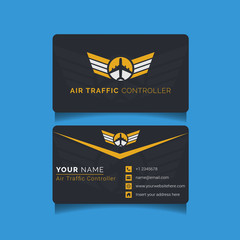 Aviation name card template vector for pilot and air traffic controller. This flight company business template include tower icon, controller, and other aviation icon and illustration.