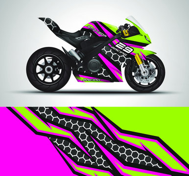 Racing motorcycle wrap decal and vinyl sticker design. Concept graphic abstract background for wrapping vehicles, motorsports, Sportbikes, motocross, supermoto and livery. Vector illustration.