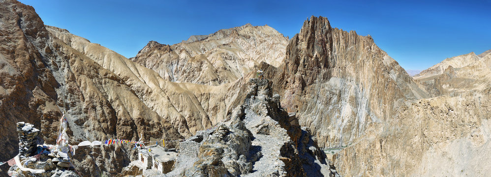 Techa gompa (Umlung) and mountains along the Markha valley trek. Ladakh, India