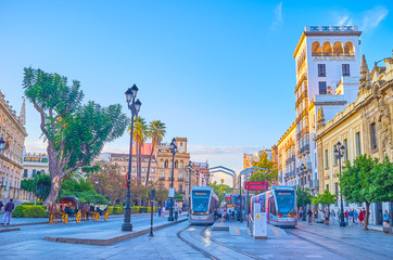 The tram stop in center of Seville, Spain