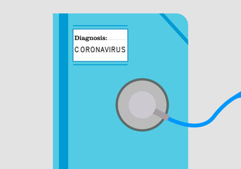 Cuaderno azul médico del diagnostico de un paciente con coronavirus. - obrazy, fototapety, plakaty