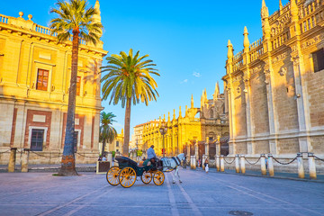 Obraz premium The tourist carriage rides in old town of Seville, Spain