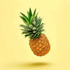 Flying in air pineapple tropical fruit on yellow. Healthy vitamin pineapple, vegan dieting food. Organic whole sweet fresh fruits. Levitation, falling fly pineapple creative concept