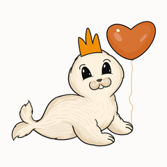 Obraz na płótnie Canvas Cute baby seal with crown and heart balloon vector illustration. Hand painted cartoon animal digital art.