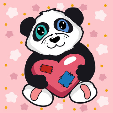 Baby panda with heart vector illustration. Cute animal print for kids. Cartoon black and white bear hand painted digital graphics