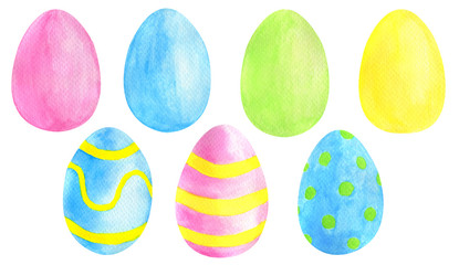 Fototapeta na wymiar Watercolor Easter colored eggs set. Hand drawn textured pink, blue, green and yellow eggs isolated on white background. Clipart elements for design and decoration, cards, posters.