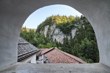 Detail of the Basilica of St. Romedius (San Romedio), Trentino-Alto Adige, Italy