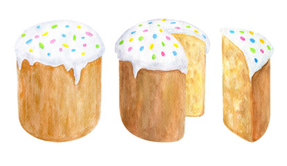 Watercolor Easter cake set. Hand drawn whole and cutted traditional cake with ising sugar isolated on white background. Illustration for cards, decoration, posters, holiday design.