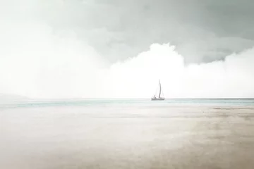 Fototapete Grau Minimale surreale Meereslandschaft, die im Wind segelt