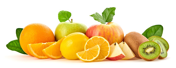 Fresh fruits healthy diet concept. Mixed vegan juicy food, green apple, orange isolated on white. Citrus freshly fruit for detox health juice or smoothie. Dieting background