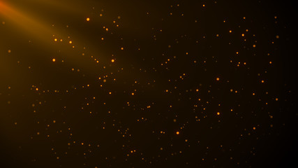 Fototapeta na wymiar Beautyful gold particles abstract background with shining golden Floating Dust Particles Flare Bokeh star on Black Background in Slow Motion. Futuristic glittering fly movement flickering in space.