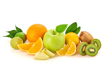 Fresh fruits healthy diet concept. Raw mixed vegan juicy food background, green apple, orange isolated on white. Variety of fresh citrus fruit for juice or smoothie. Detox health clean eating
