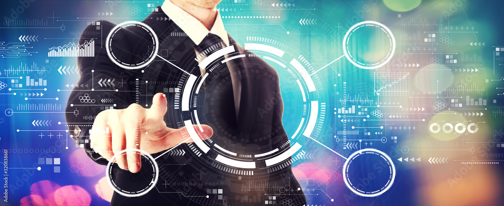 Poster tech circle with a businessman on a shiny background