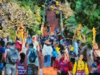 Wat Phra That Doi Suthep temple Tourists walking up and down stairs in tourism Illustrations creates an impressionist style of painting.