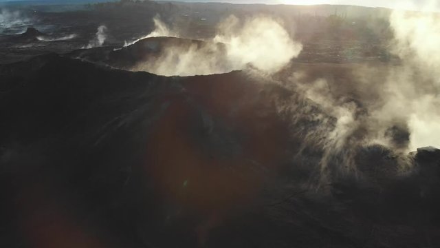 Aerial of steaming fissure eight and fault line in leileani estates Pahoa hawaii