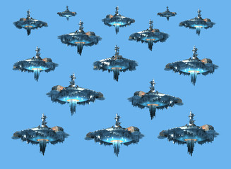 Collage of UFO instances isolated on sky-blue
