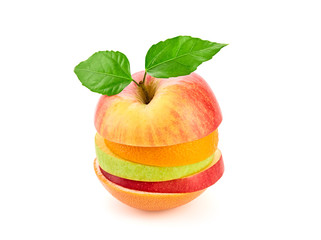 Stack of fresh fruits slices, apple, orange. Colorful healthy vitamin fitness creative fun food concept. Mixed citrus fruit, apple isolated on white. Dieting health vitamin meal