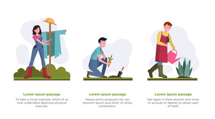 Gardeners outdoors set. People gathering harvest, watering plants, setting scarecrow flat vector illustration. Gardening, farming, activity concept for banner, website design or landing web page