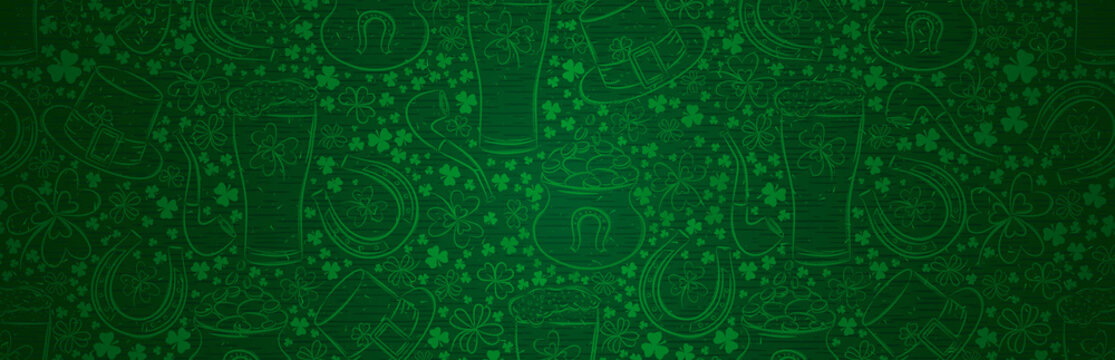 Green Patrick Day greeting banner with green clovers, beer mug, horseshoe, hat, pipe. Patrick's Day holiday design. Horizontal background, headers, posters, cards, website. Vector illustration
