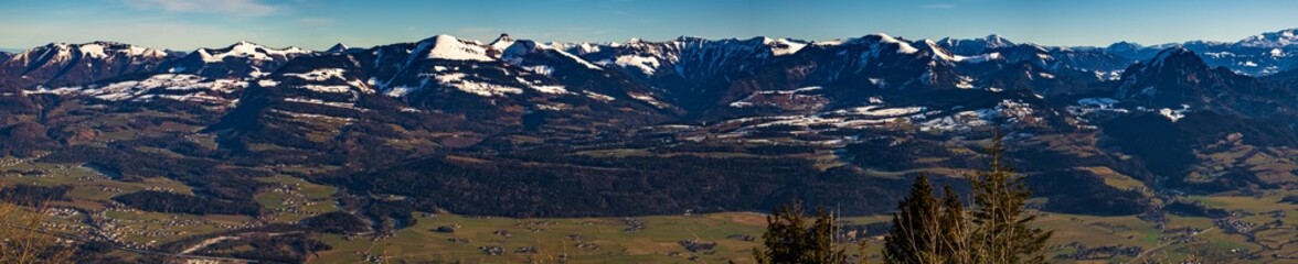 High resolution stitched panorama of a beautiful alpine winter view at the famous Rossfeldstrasse near Berchtesgaden, Bavaria, Germany