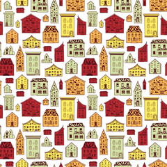 Seamless house pattern. Doodle houses vector background. Cute beige resedential buildings in cartoon style. EPS 8