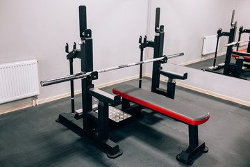 Fototapeta na wymiar Modern light gym. Sports equipment in gym. Barbells of different weight on rack.