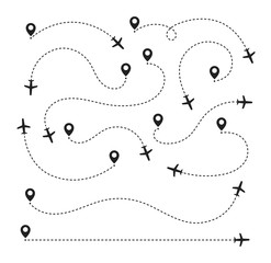 Big set plane route line. Airplane travel concept with map pins, GPS points. Flight start point concept or theme. Vector illustration