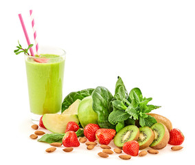 Healthy fresh fruit berry smoothie in glass. Raw assorted veg ingredients isolated on white. Tasty strawberry, green spinach, kiwi fruits background, creative weight loss health vegan concept.
