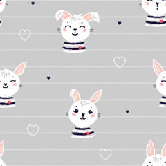 Cute Bunnies Vector Seamless Pattern. Easter Little Rabbit Faces. Doodle Bunny Heads with Hearts. Cartoon Animal Background for Kids Fashion, Nursery, Baby Shower Scandinavian Design