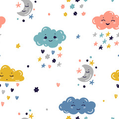 Obraz premium Vector Seamless Pattern with Doodle Cute Rain Clouds with Stars, Hearts, Flowers and Moon. Night Sky Colorful Background for Kids Fashion, Nursery, Baby Shower Scandinavian Design