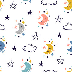 Vector Seamless Pattern with Doodle Cute Moon, Clouds and Stars. Night Sky Colorful Background for Kids Fashion, Nursery, Baby Shower Scandinavian Design
