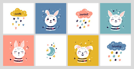 Vector Poster Set with Doodle Cute Bunnies. Easter Little Rabbit Faces and Moon, Rain Clouds with Stars, Hearts, Flowers. Hares Illustration for Kids Fashion, Nursery, Baby Shower Scandinavian Design