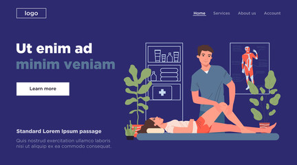 Professional massaging woman leg. Massage therapist, patient, salon flat vector illustration. Recovery, spa, relaxation concept for banner, website design or landing web page