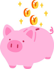 Flat colored piggy bank with Japanese yen coins