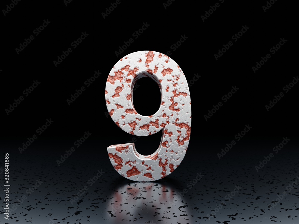Poster number 9, rusty symbol font series on black background 3d render