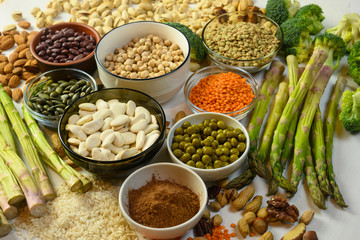 vegetable products contain protein for vegetarians, lentils, beans, asparagus, etc