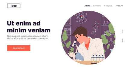 Scientist with microscope studying samples. Man in white coat, test tubes in lab flat vector illustration. Laboratory, chemistry, medical test concept for banner, website design or landing web page